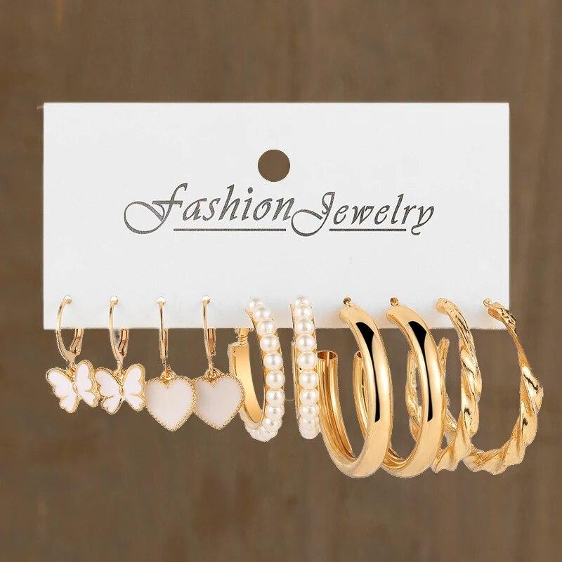 17KM Vintage Gold Color Hoop Earrings Set Pearl Metal Dangle Earrings for Women Crystal Twist Earrings Trendy Fashion Jewelry