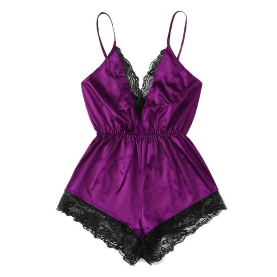 Women Sexy Pajamas V-neck Sling Sleeveless Bodysuit Faux Satin Lace Stitching Romper Sleepwear Wide Leg Backless Nightwear