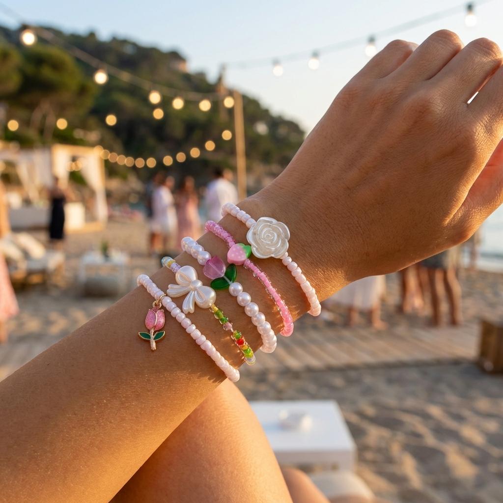 Delicate Floral Beaded Bracelets Set for Women Rose Tulip Charm Imitation Pearl Handmade Bracelets Beach Party Jewelry Gift