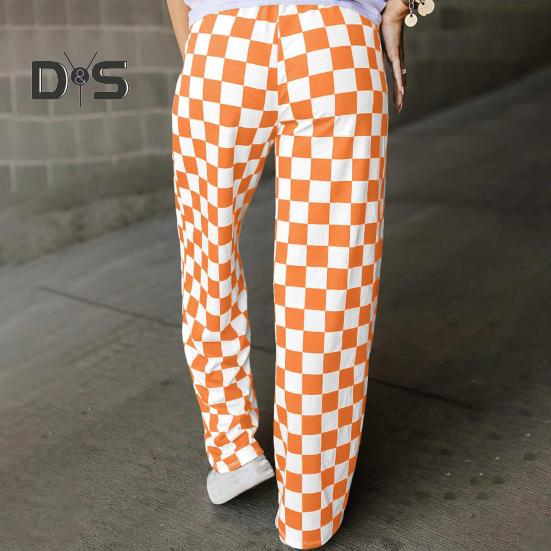 Damenhose, elastisch, hohe Taille, karierter Druck, weites Bein, Freizeithose, lockere Passform, Hose für Urlaub, Arbeit, Alltag