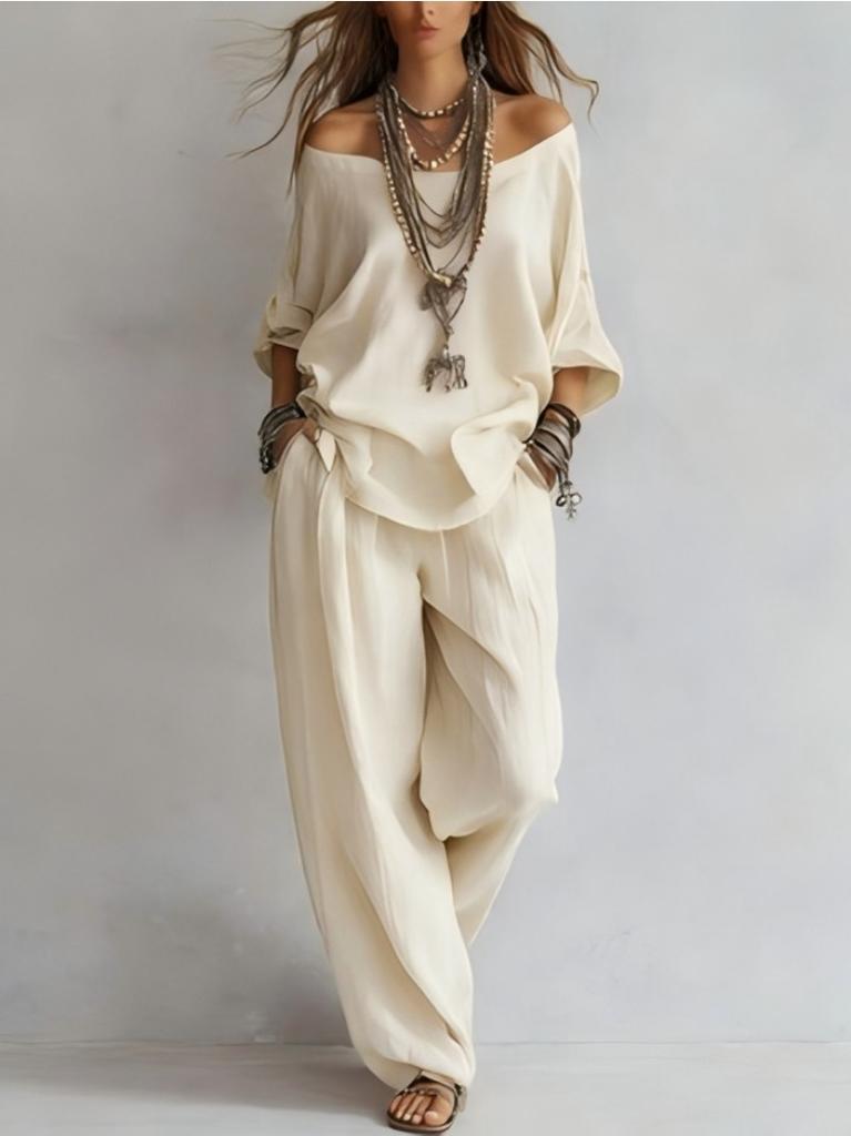 Dámský letní ležérní volný lněný komplet s topem s 3/4 rukávem a širokými kalhotami