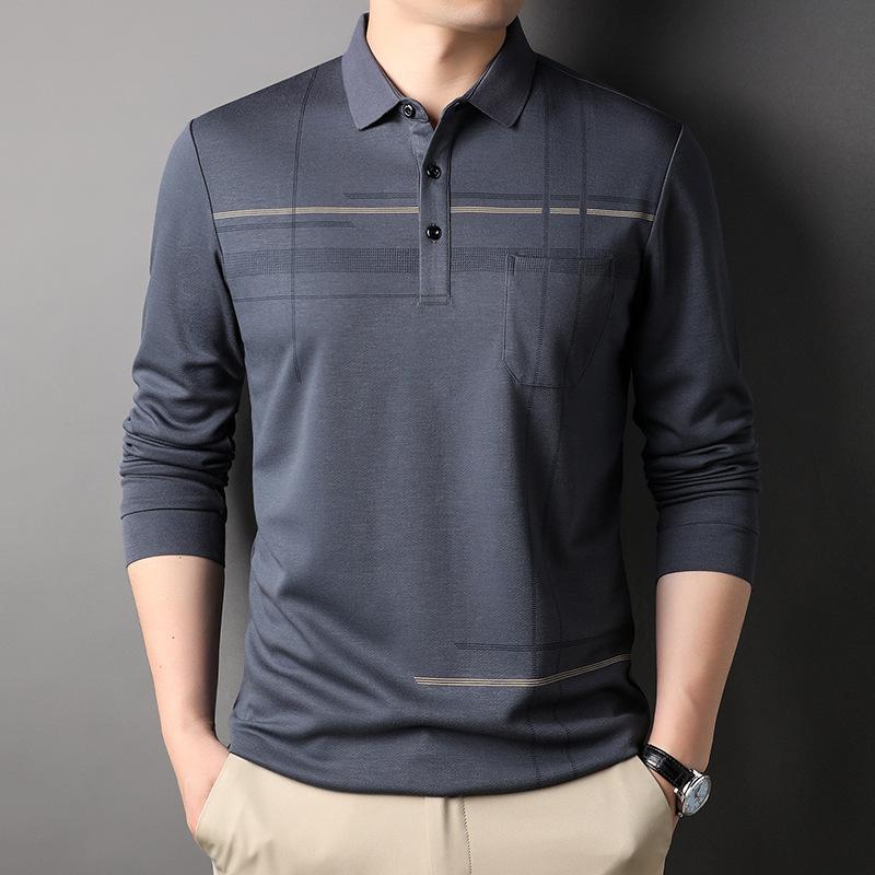 Fall Winter Men Long-Sleeved T-shirt Fashion Casual Polo Collar Striped Polo Shirt Daddy Men's Outfit Bottoming Shirt Top T-shirt Men
