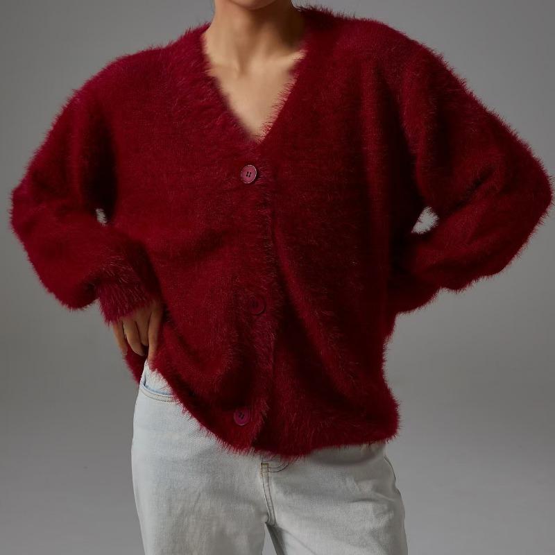 Imitation Mink Knitted Sweater Cardigan 2025 Autumn and Winter Lazy Loose Long-sleeved V-neck Sweater Jacket for Women