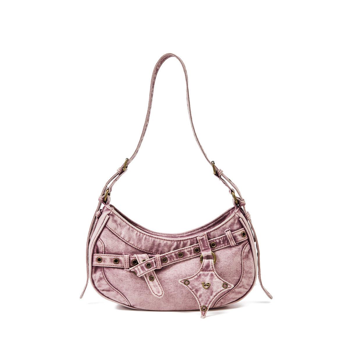 Gedistressed Gewassen Denim Schoudertas - Casual Klinknagel Tote & Armholte Tas voor Meisjes roze