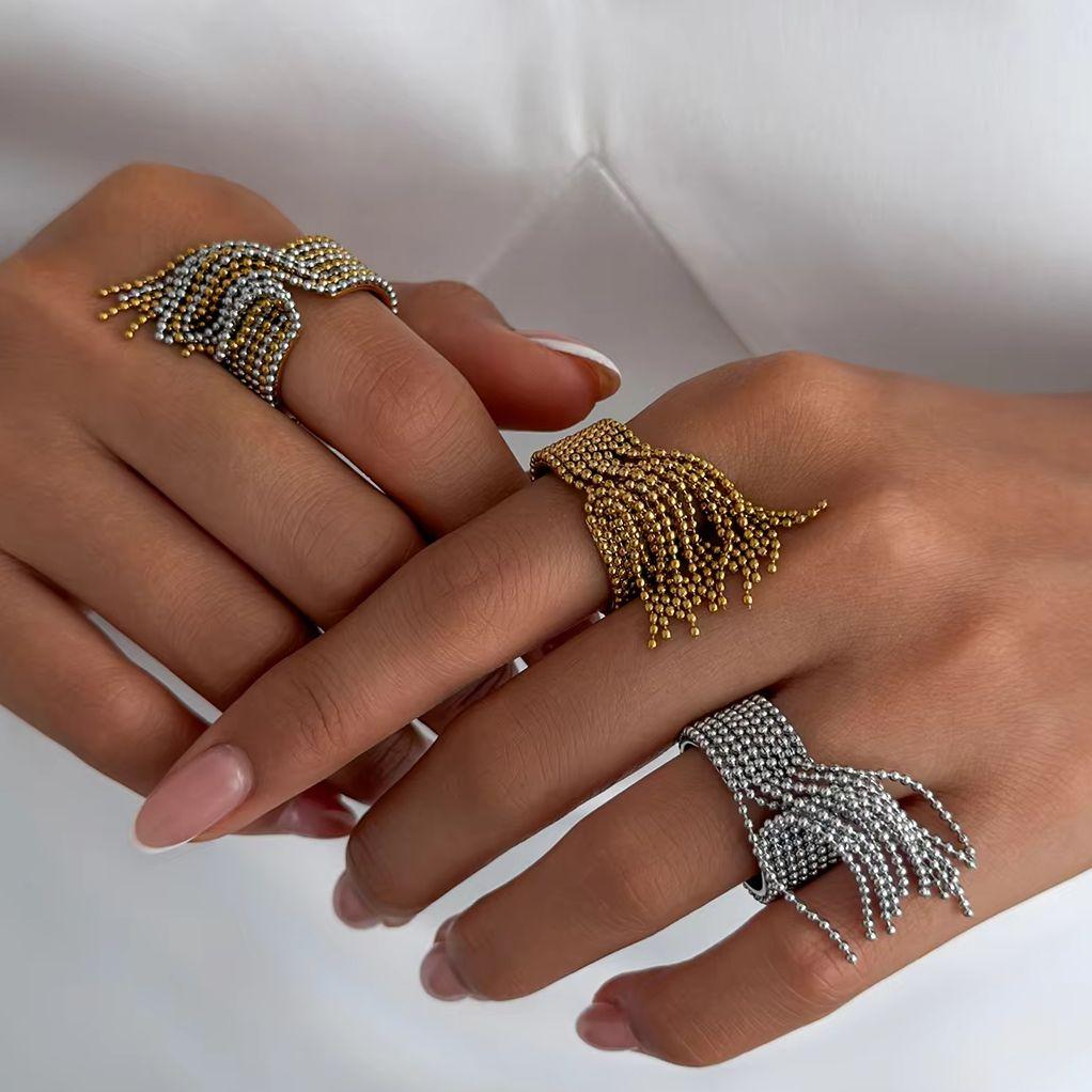 Kunjoe Fashion Stainless Steel Long Tassel Chain Open Rings For Women Charm Hip Hop Geometric 18K Gold Plated Wide Ring Jewelry