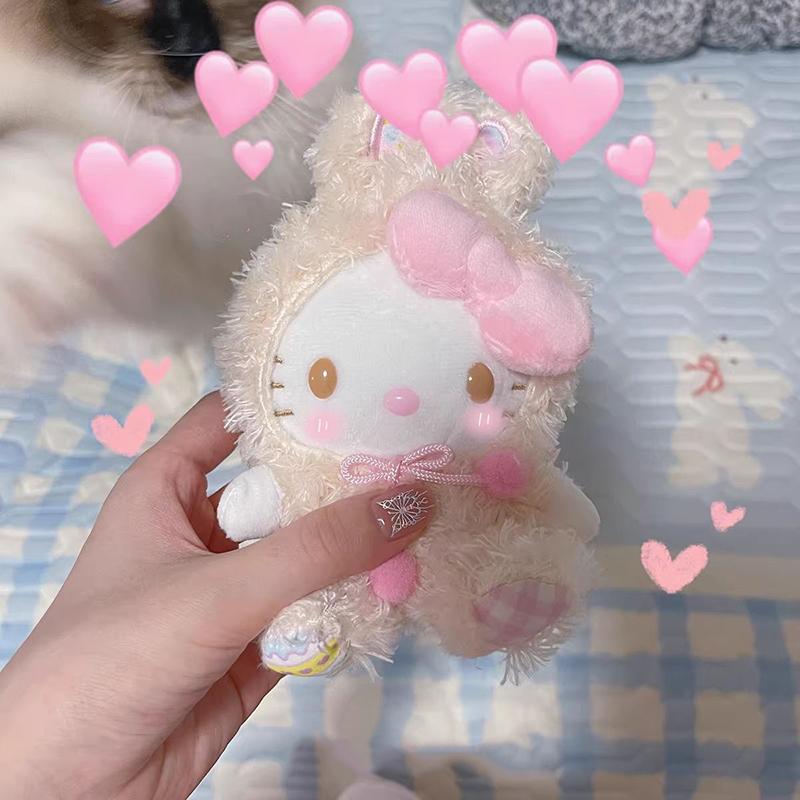 Kawaii Hello Kitty Plush Toy Keychain Sanrio Rabbit Ears Kt Cat Soft Stuffed Doll Pendant Car Key Ring Backpack Bag Decor
