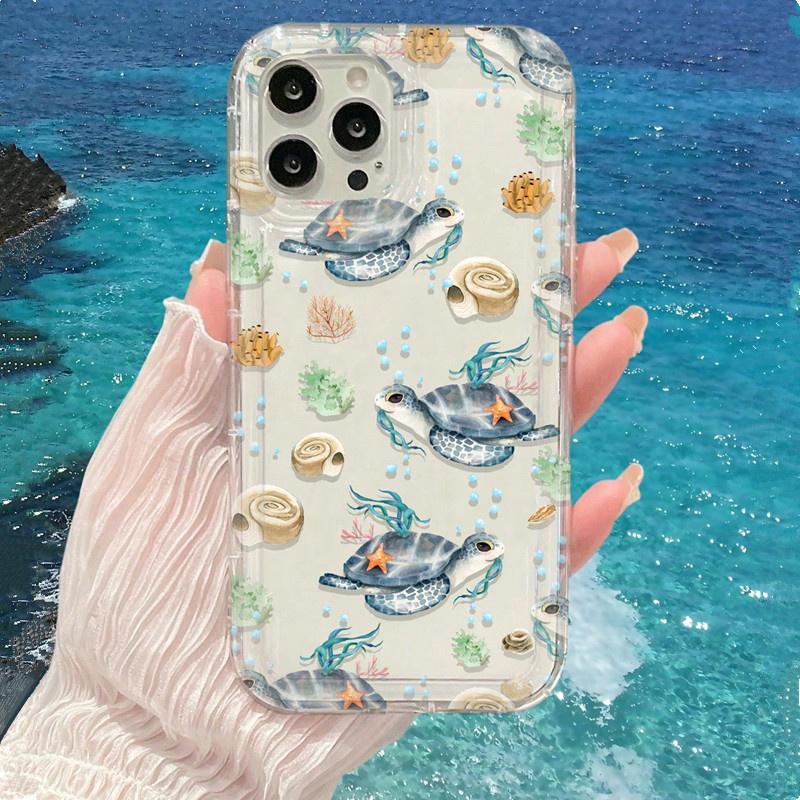 Cool Ocean Turtle Pattern Transparent Phone Case For iPhone 14 11 12 13 Pro 7 8 Plus X XR 15 16 Pro Max Shock-Absorption Cover