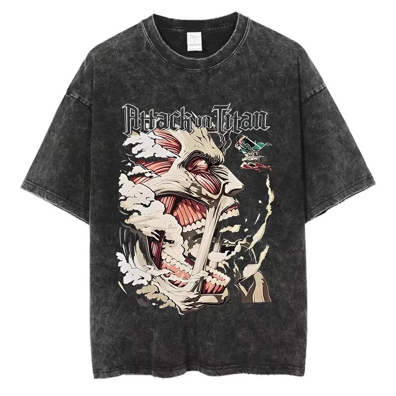 Hotblood Anima Attack on Titan Graphic Print TShirt Men Women Harajuku Vintage Washed Cotton Solf Summer New Tee Oversized Top