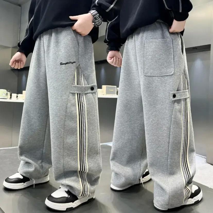 Autumn Big Boys Causal Pants Kids Loose Cotton Sports Pants 110-170 Black Grey Trousers for Children Spring Kids Clothing 2025