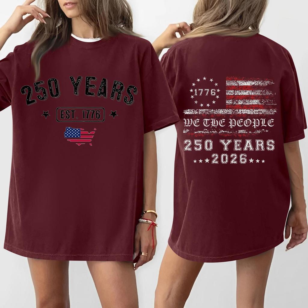 Women's Casual Independence Day 250 Anniversary Printed T-shirt Round Neck Pullover Short Sleeve Top