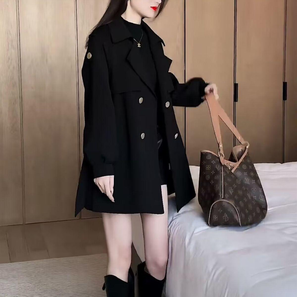 

Женский шикарный короткий тренч в британском стиле - Маленький повседневный корейский стиль для весны и осени 2025 S (suggested: 80-100 jin) чёрный