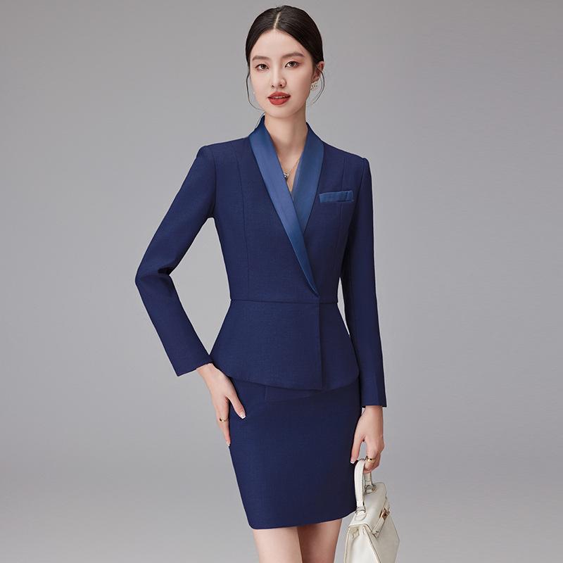Dark Blue Women's Suit Set: Professional Attire with a Goddess Style – Perfect for Front Desk Workwear.