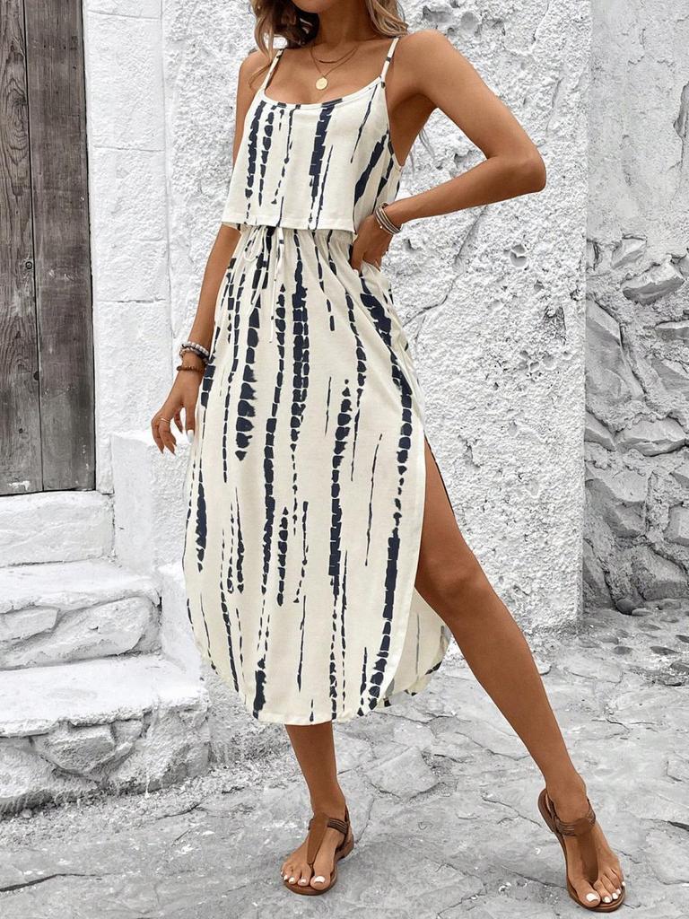 Strappy Printed Dress - Elegant Ink Silk Gauze for Commute and Casual Wear