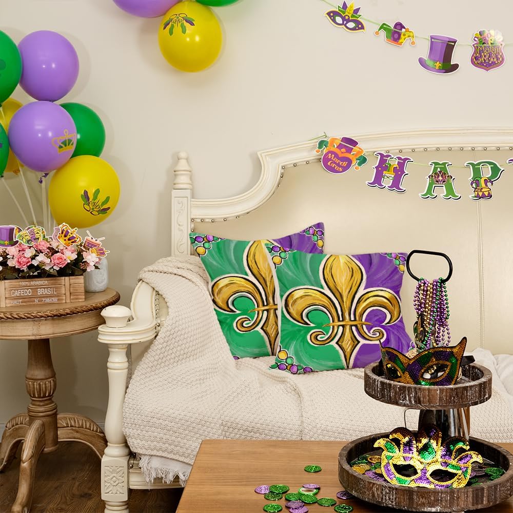 AACORS Mardi Gras Pillow Covers 18X18 Inch Set of 2,Fleur De Lis Beads Decor Holiday Farmhouse Pilow Case Decoration for Home Sofa Couch AA414-18-2