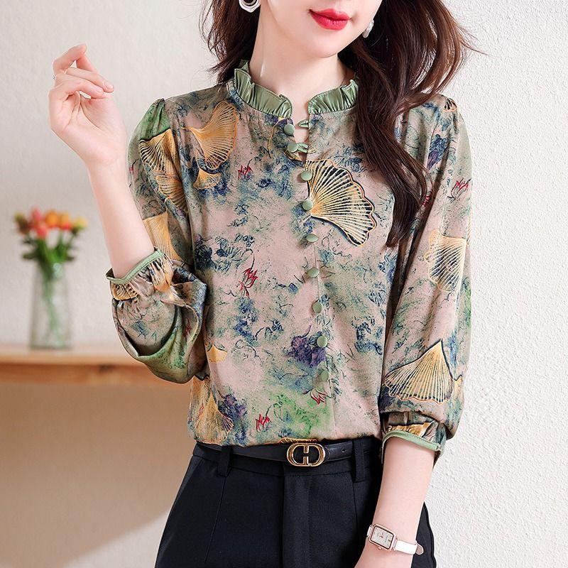Lotus Collar Print for Spring and Autumn 2024 New Fashionable Women's Patchwork Buttons for Casual Long Sleeved Chiffon Shirt