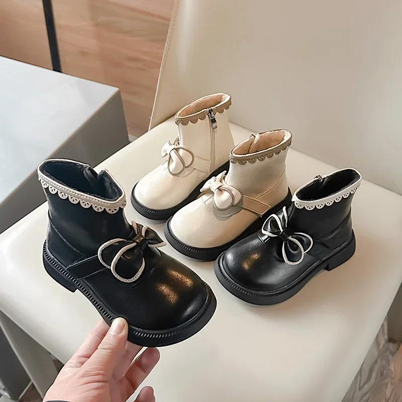 Winter Girls Princess Boots Fashion Bowknot Ankle Versatile Children's Boot Warm Non-slip Kids Causal Cotton Boots Side Zipper
