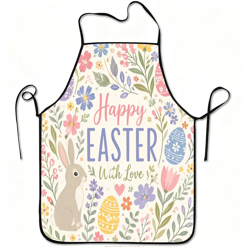 1pc Happy Easter Bunny Floral Print Apron, Durable And Easy To Clean, Adjustable Waistband, Polyester Material, for Kitchen Cooking, Gardening, Orchar
