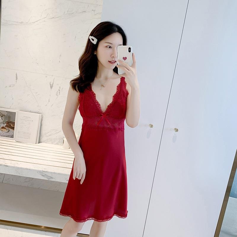 Pajamas women's spring and summer ice silk thin suspender medium and long nightdress sexy lace nightgown loungewear set