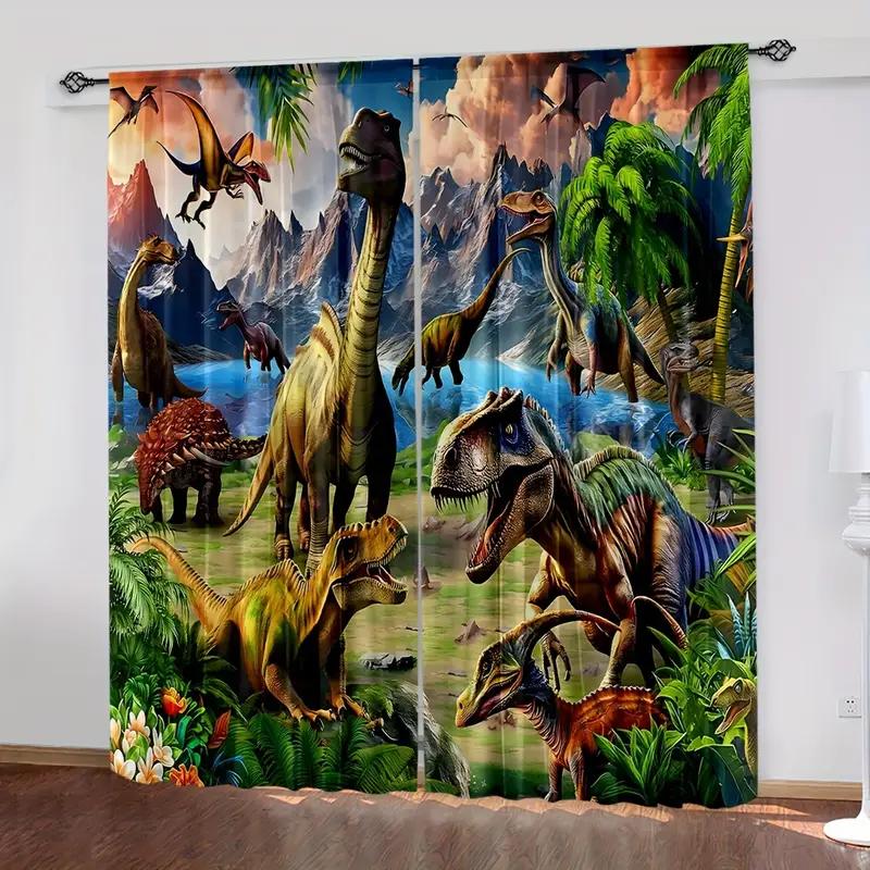2pcs Vibrant Dinosaur Jungle Printed Curtains, Designed for Light Filtering, Quality Material, Ideal for Dinosaur Enthusiast Hom