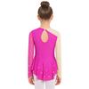 Girls Shiny Rhinestones Mesh Patchwork Dance Dress Asymmetrical Hem Long Sleeve Dancewear