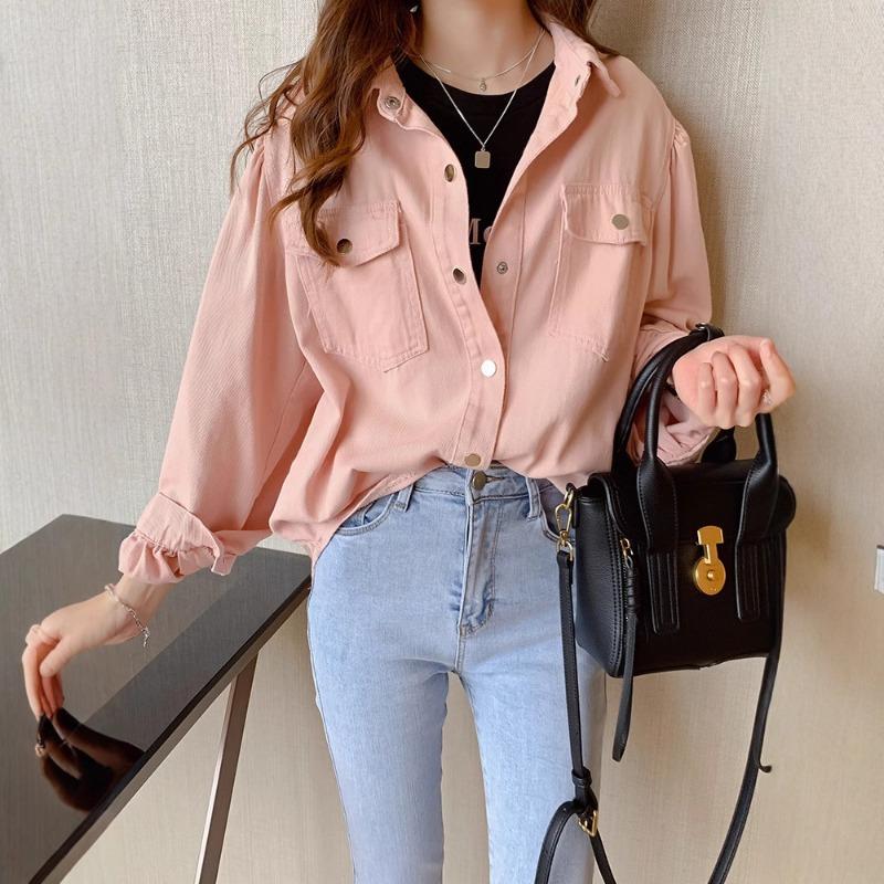 Women's Oversize Shirt Baggy Long-Sleeve Casual Blouse with Pocket
