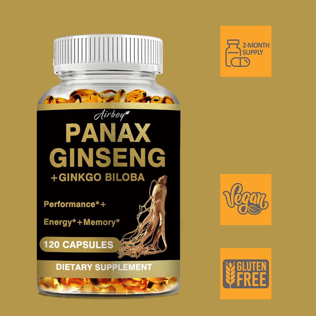 Vegetarian Ginseng Root Extract Capsules, Ginkgo Biloba 60mg, for Boosting Energy and Concentration, Suitable for Both Men and Women.