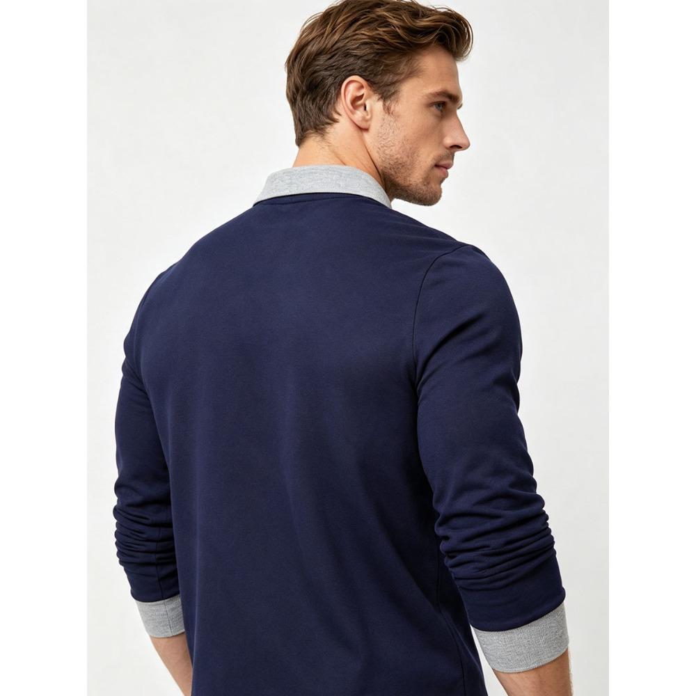 Men's Retro Color Block Long Sleeve Polo – Soft Touch Jersey Shirt with Contrast Cuffs & Vintage Logo – Smart Casual Business Wear