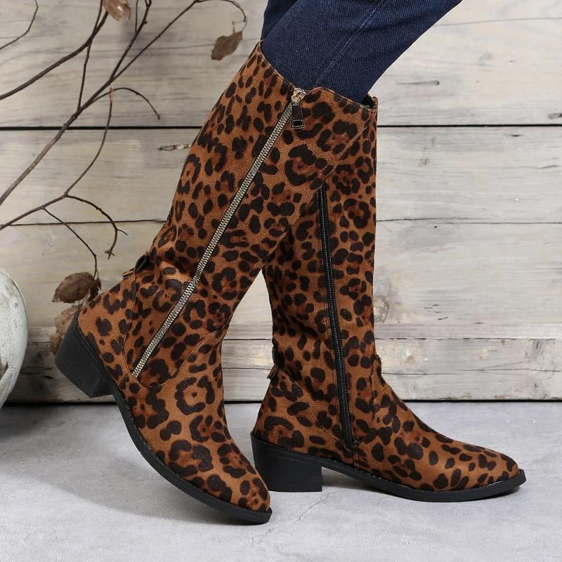 Brown Leopard High Boots Women Boots Platform Shoes for Women  Autumn Winter Sexy Mid-calf Cowboy Riding Boots Botas Mujer 2024