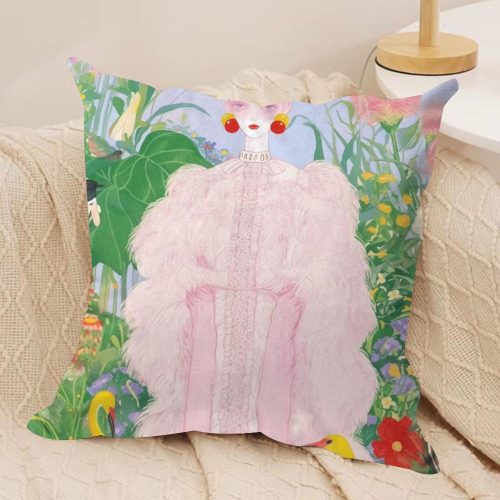 Fashion Illustration Cushion Cover Soft Plush Fabric Double-Sided Printed Sofa Cushion Cover for All Seasons Home Decor Gift