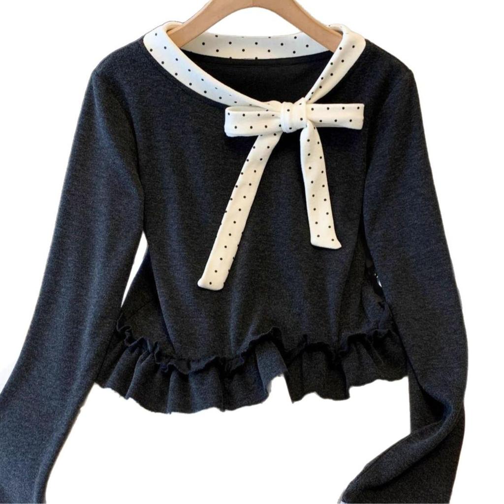 Women's Polka Dot Bow Two-Piece Doll Top - Slim Fit, Long-Sleeved, Autumn/Winter