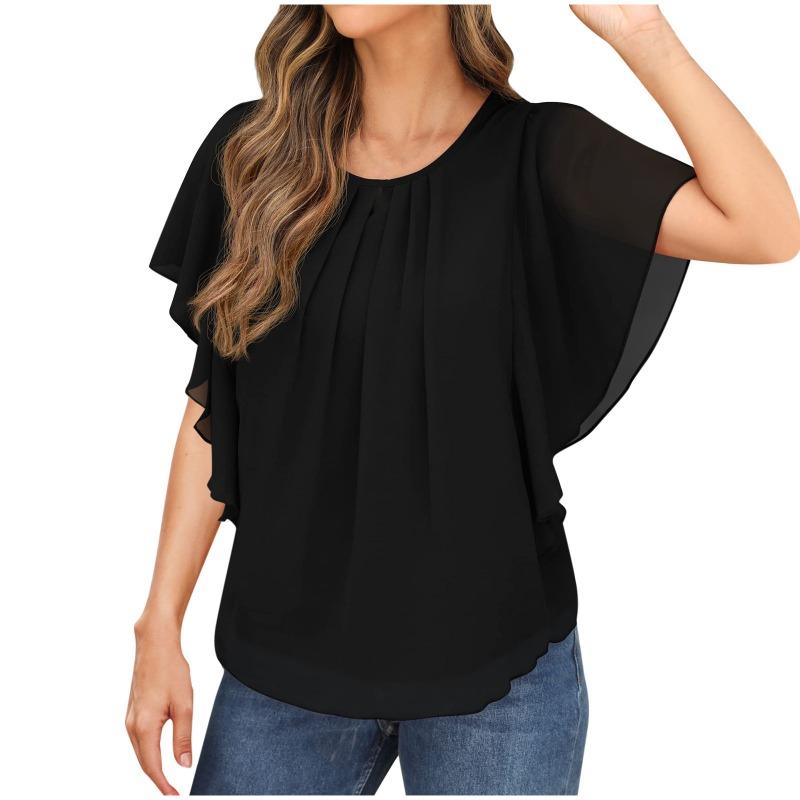 Summer Loose Short Sleeve Casual Chiffon Blouse Women Fashion Tops Solid Color Pleated Simple Elegant Office O Neck Shirts Ladies Clothes