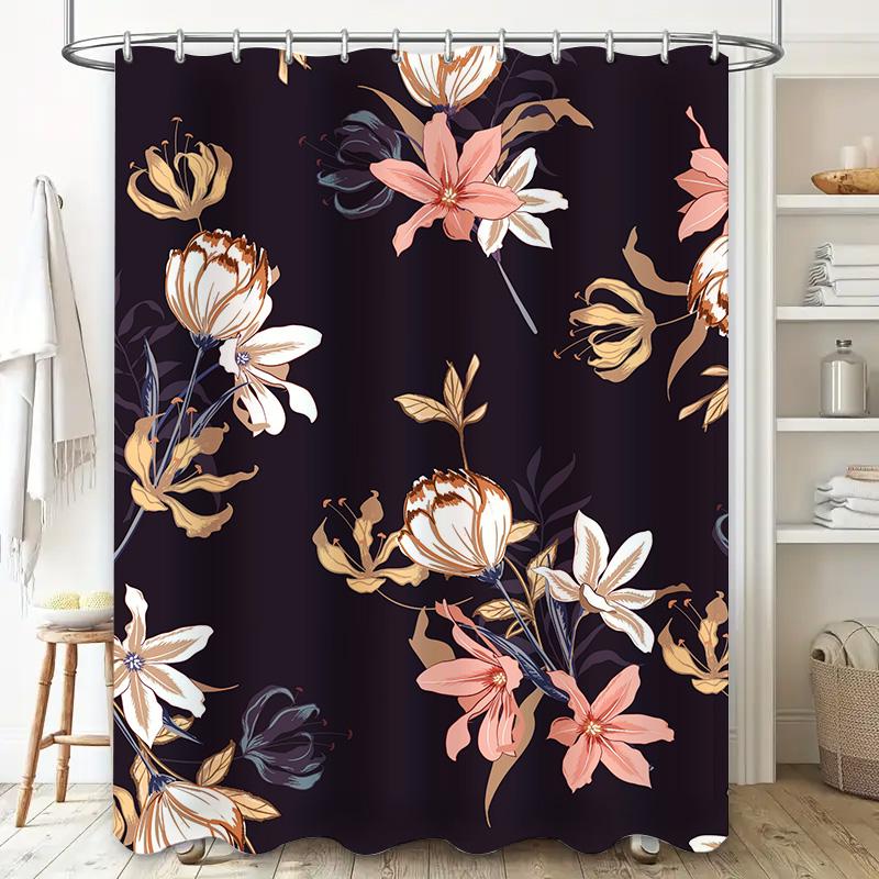 Black Floral Shower Curtain With Pink White Flowers Modern Design For Bathroom Decorations Size Options Available Made From Dura