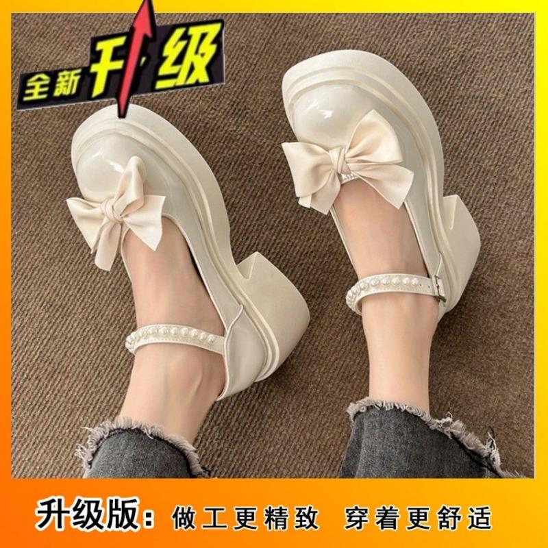Mary Jane small leather shoes women's spring new thick-soled heightening bow with skirt thick heel high heel single shoes
