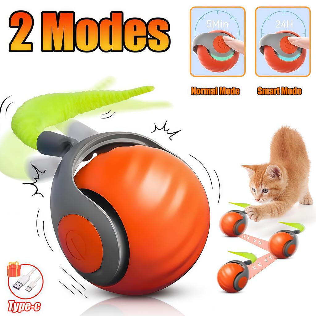 Smart Interactive Cat Toys Ball Automatic Rolling Ball with Faux Tail USB Rechargeable Electric Pet Toy for Teaser and Training