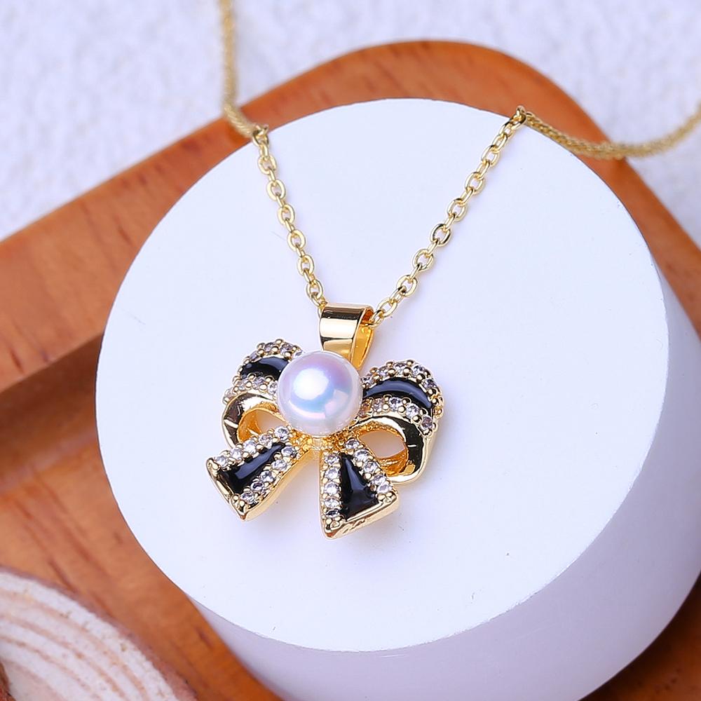LSOOYH Collane di Gioielli con Perle d'Acqua Dolce Naturali per Donna Elegante Pendente Fiocco Colore Oro Regalo di Compleanno