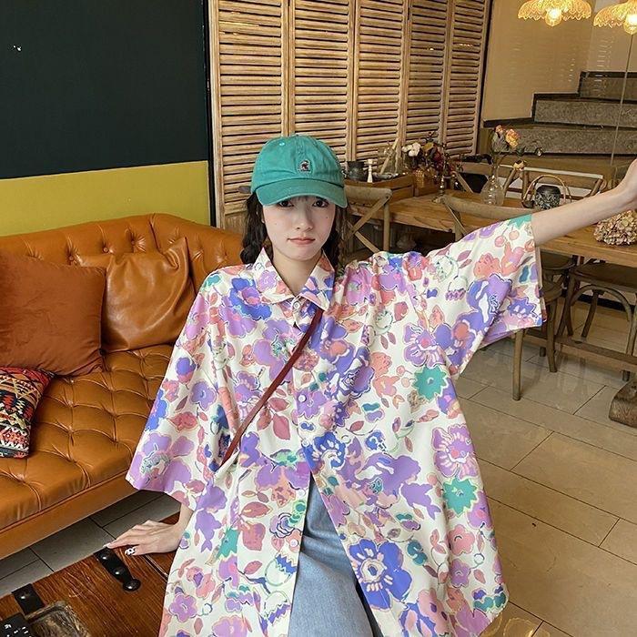 Casual Loose Fit Shirt for Women - Short Sleeve Flower Printed Summer Top