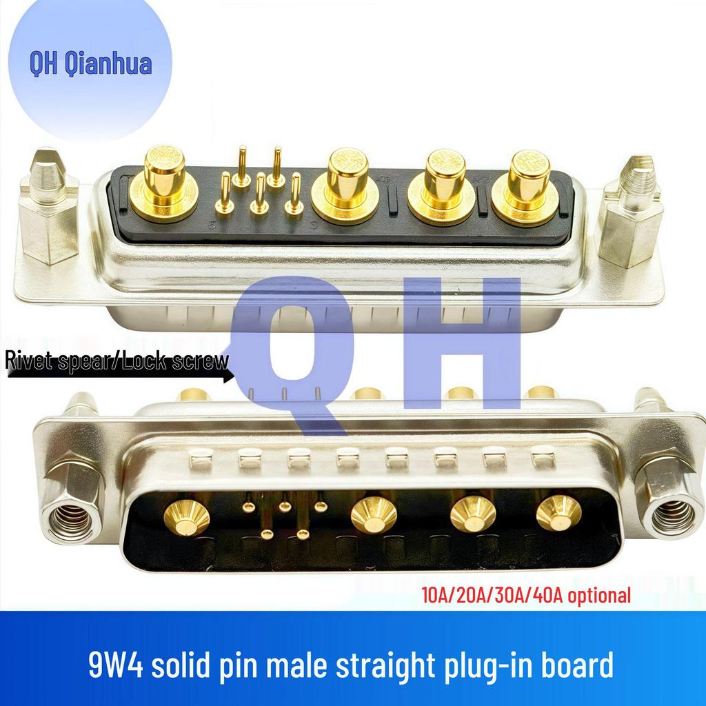 High Current 9W4 Mixed Load Male Female D-SUB Connector, 5+4 Pin, Straight Through, Rivet Spear, Solder Board Type