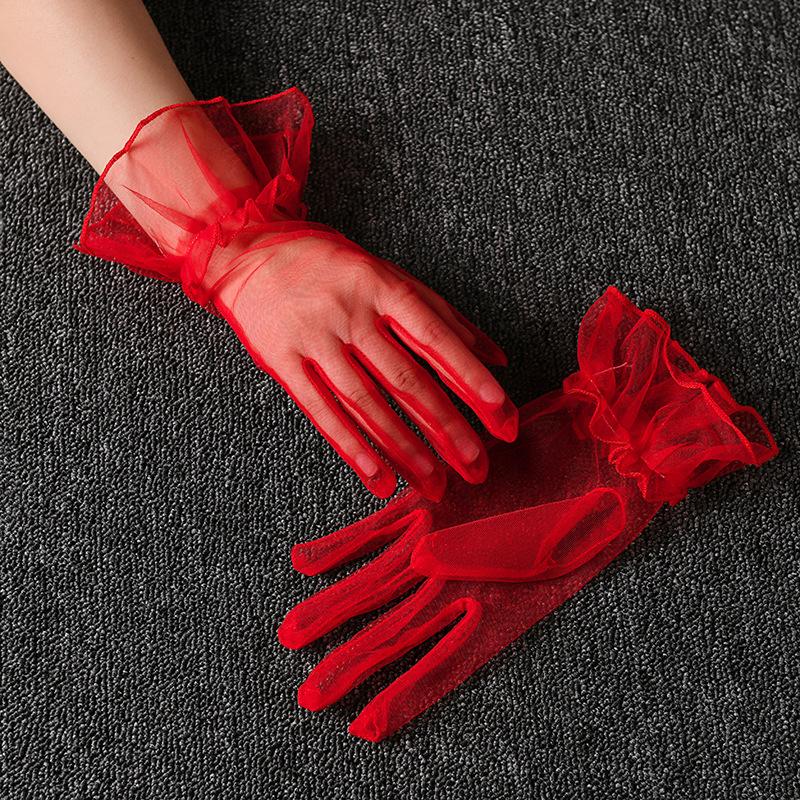 Women Short Tulle Gloves Sexy Lace Mittens Tulle Full Finger Gloves Lady Driving Glove Transparent Mittens Wedding Bridal Gloves