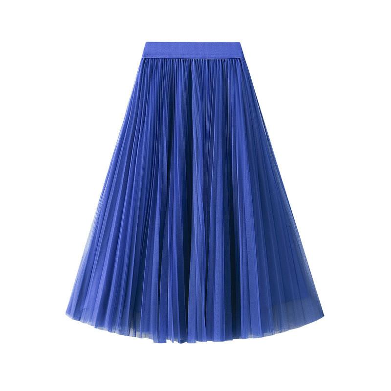 Qooth Elegant Women A Line Tulle Pleated Skirt Wide Hem Mid Length Elastic Waist Casual Skirt QT2691