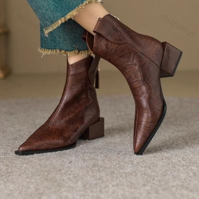 Women Western Cowgirl Boots 2026 Pointed Toe Fashion Slip On Chelsea Booties Retro Style Autumn Female Thick Heel Shoes Heel 5CM