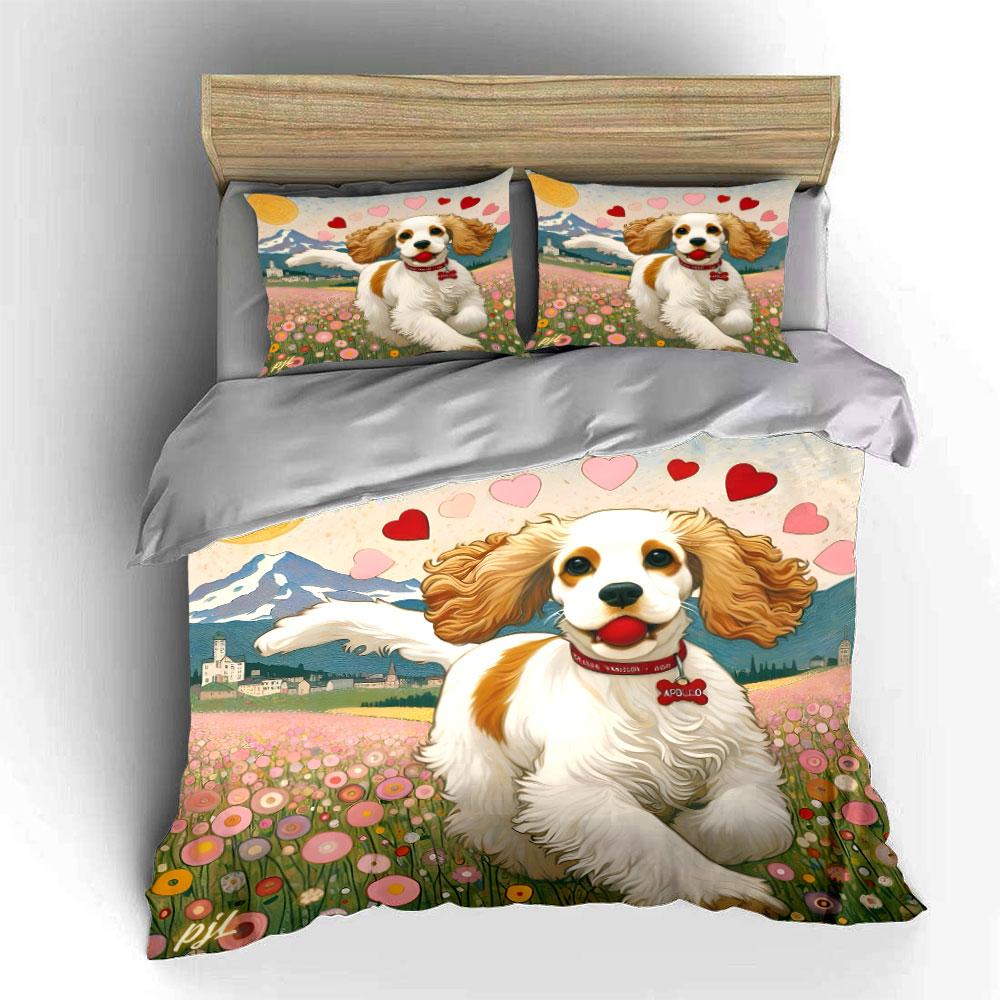 Cute Cavalier King Charles Spaniel In Flower Field 3Pcs Bedding Set Soft Bed Sheet Pillowcase Set For Dog Lovers Bedroom Decor EU Twin 135X200cm&set