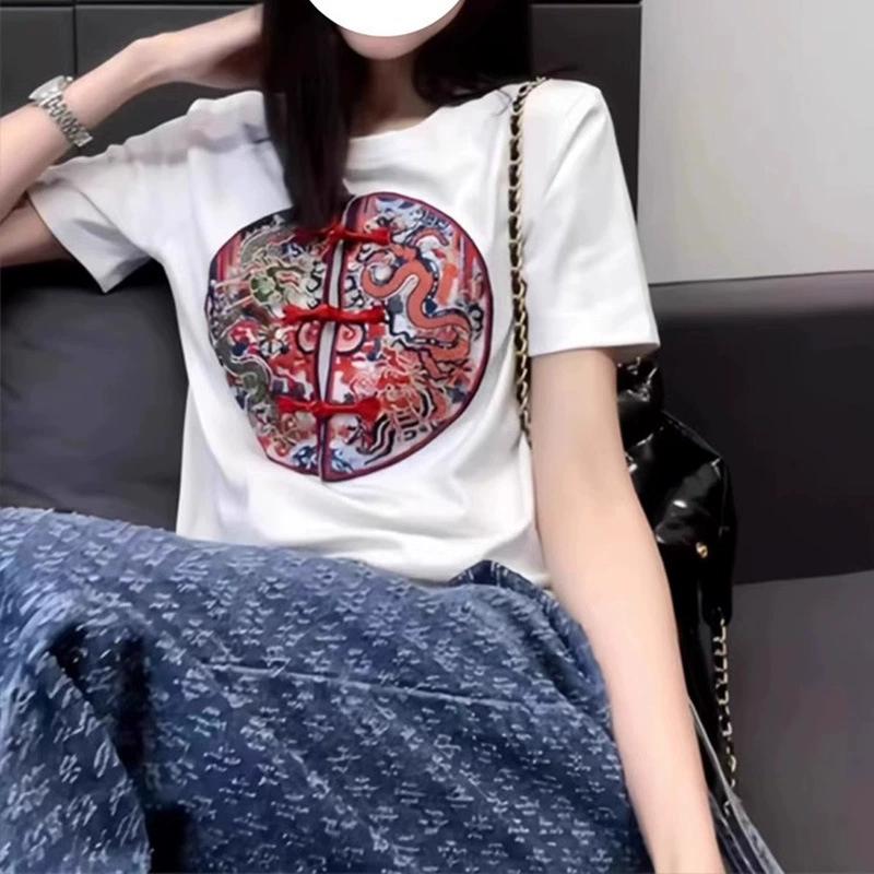Summer Chinese Style Vintage Embroidery Frog T-shirt Ladies Loose Casual Fashion Short Sleeve Tee Top Women Pullovers