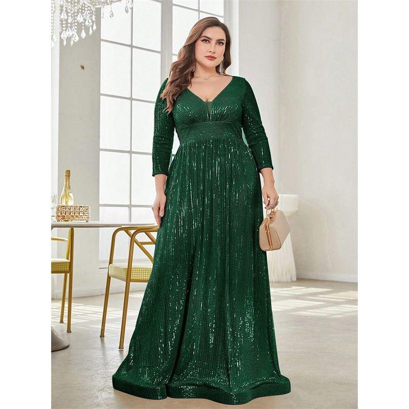 New Plus-Size Evening Dress with Sequins and Long Sleeves, Birthday Gown, Banquet Party Dress