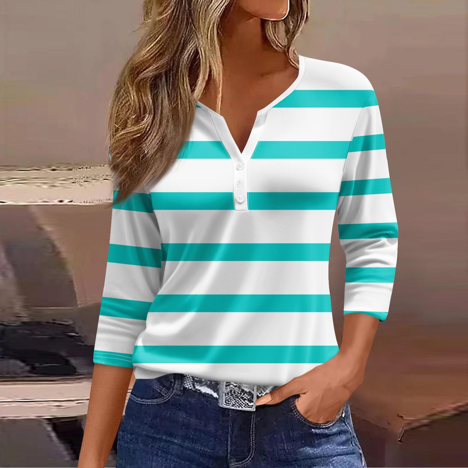 

Жен. Футболка Футболка С принтом Пуговицы Рукав 3/4 Повседневные Выходные Мода Классический V-образный вырез Обычный Топ XXL циан
