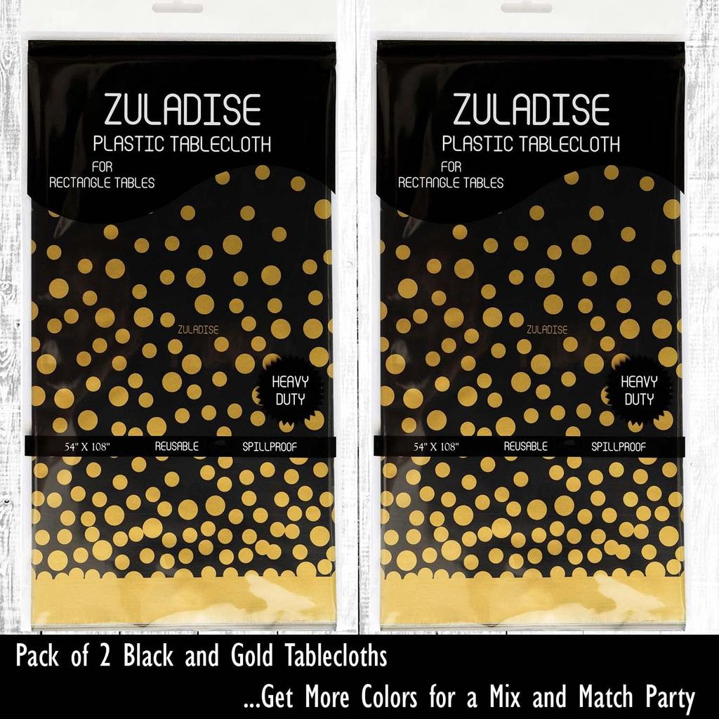 2 Pack Premium Black and Gold Plastic Tablecloths – Thick, Durable, Reble Table Covers (54 x 108 in) – Disposable Party Tablecloths for Birthday,