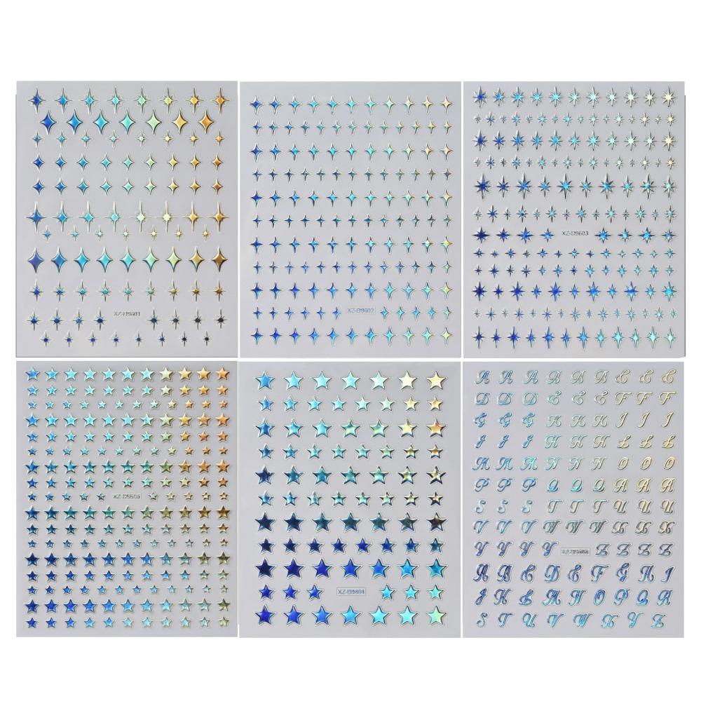 6Pcs Y2K Irregular Star Manicure Decals Gold Silver Color Letters Nail Decorations Nail Supplies