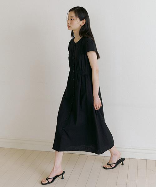 Lingseoul Button Shirring Dress-Black