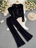 Spring & Autumn Long-Sleeve Knit Sweater with Split Wide-Leg Pants Two-Piece Set