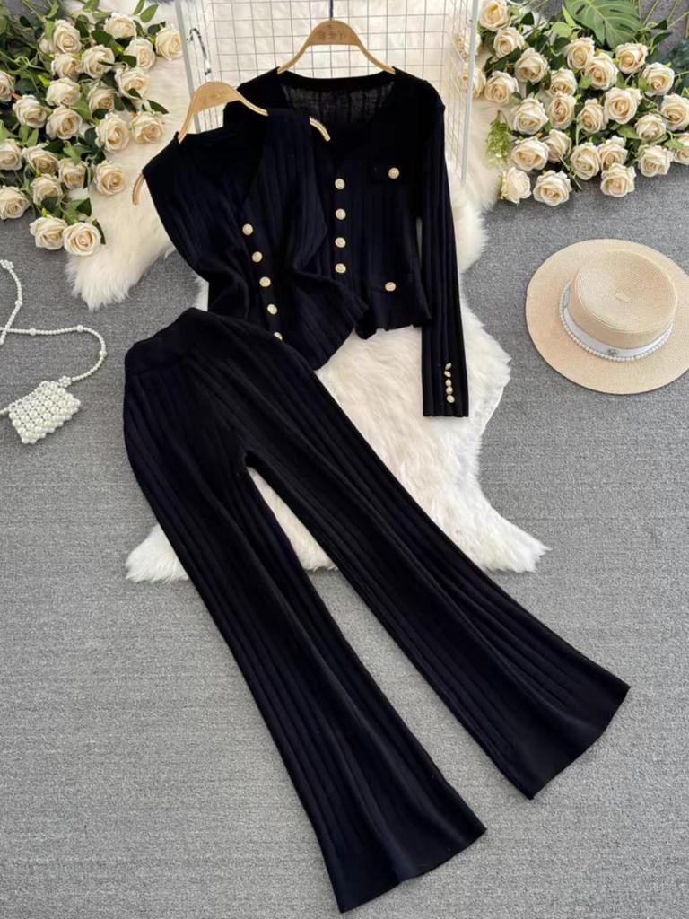 Spring & Autumn Long-Sleeve Knit Sweater with Split Wide-Leg Pants Two-Piece Set