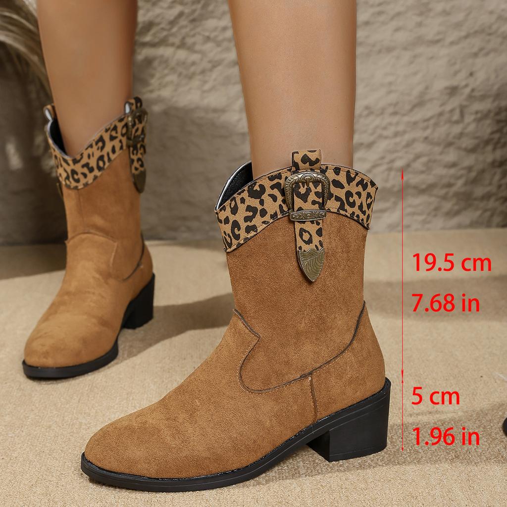 European and American Foreign Trade Thick Heel Medium Tube Color Matching Knight Boots Women's New Pointed Buckle Leopard Print Thin Cigarette Boots